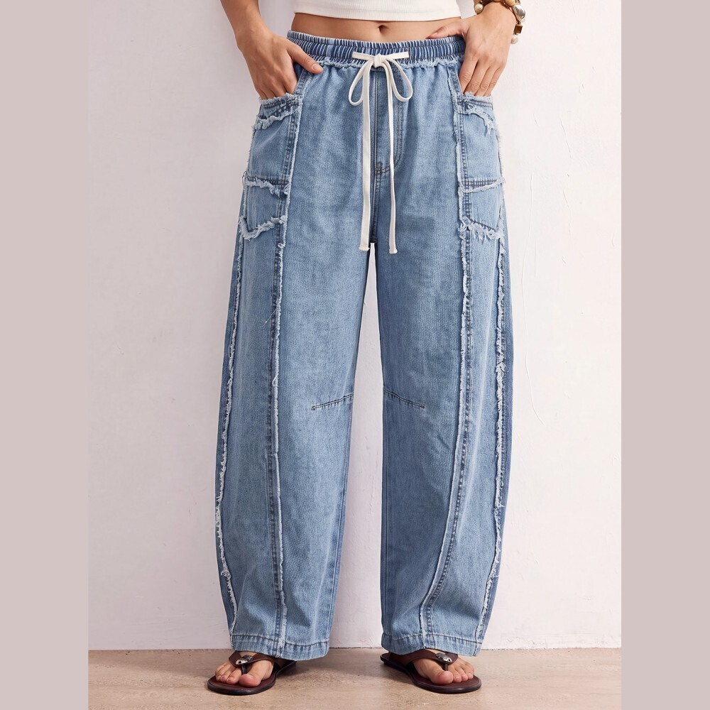 Blue Raw Frayed Seam Drawstring Waist Cropped Relaxed Wide Leg Jeans